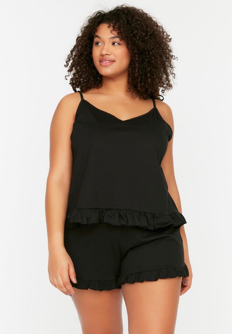 Plus Hanger Knitted Ruffle Detailed Pajamas Set, view 2