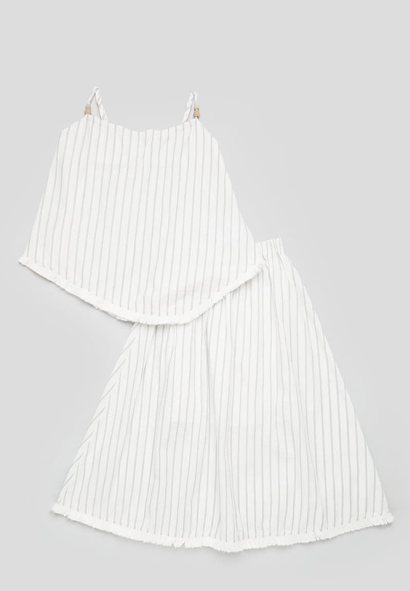 Spaghetti strap top with wooden beads & skirt white/stripes