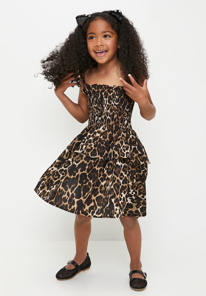 Dropped waist dress with shirred bodice leopard print, view 2