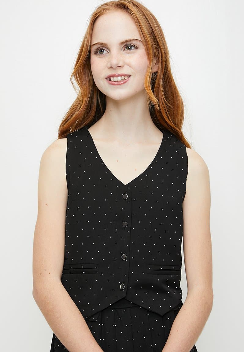 Pointed vest with pleated skirt black/pin dots, view 2