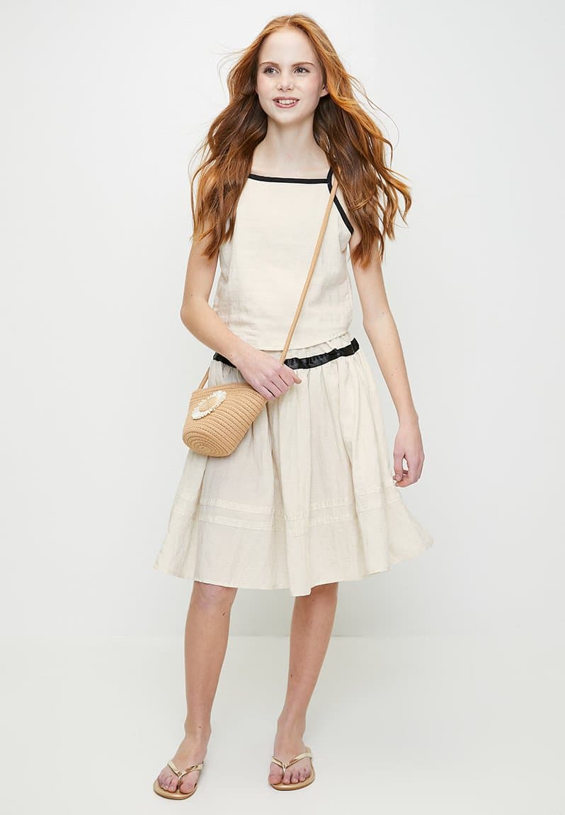 Square neck top & skirt with contrast bias binding