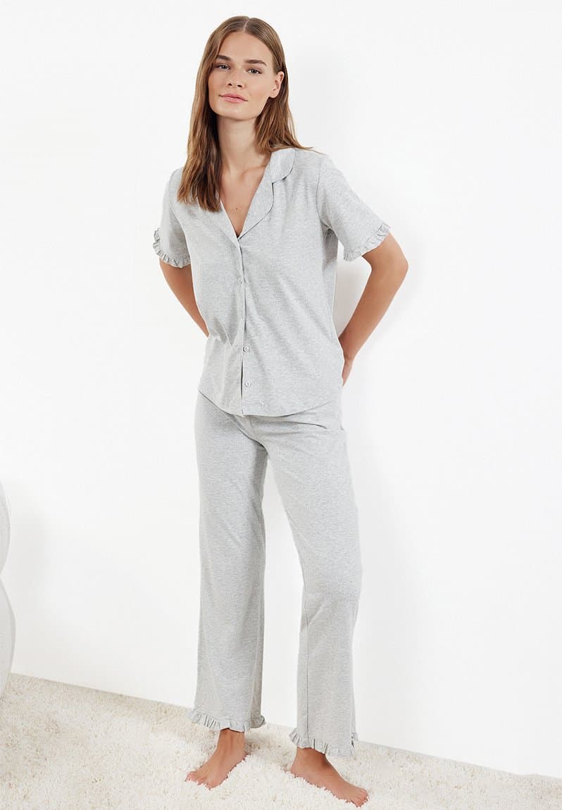 Ruffle Detailed Knitted Pajama Set Grey Melange, view 2
