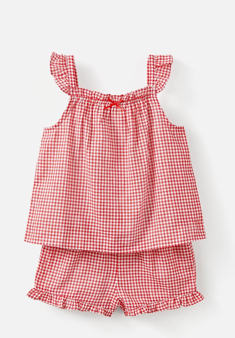 Kids babydoll pj set family christmas varsity red/gingham, view 2