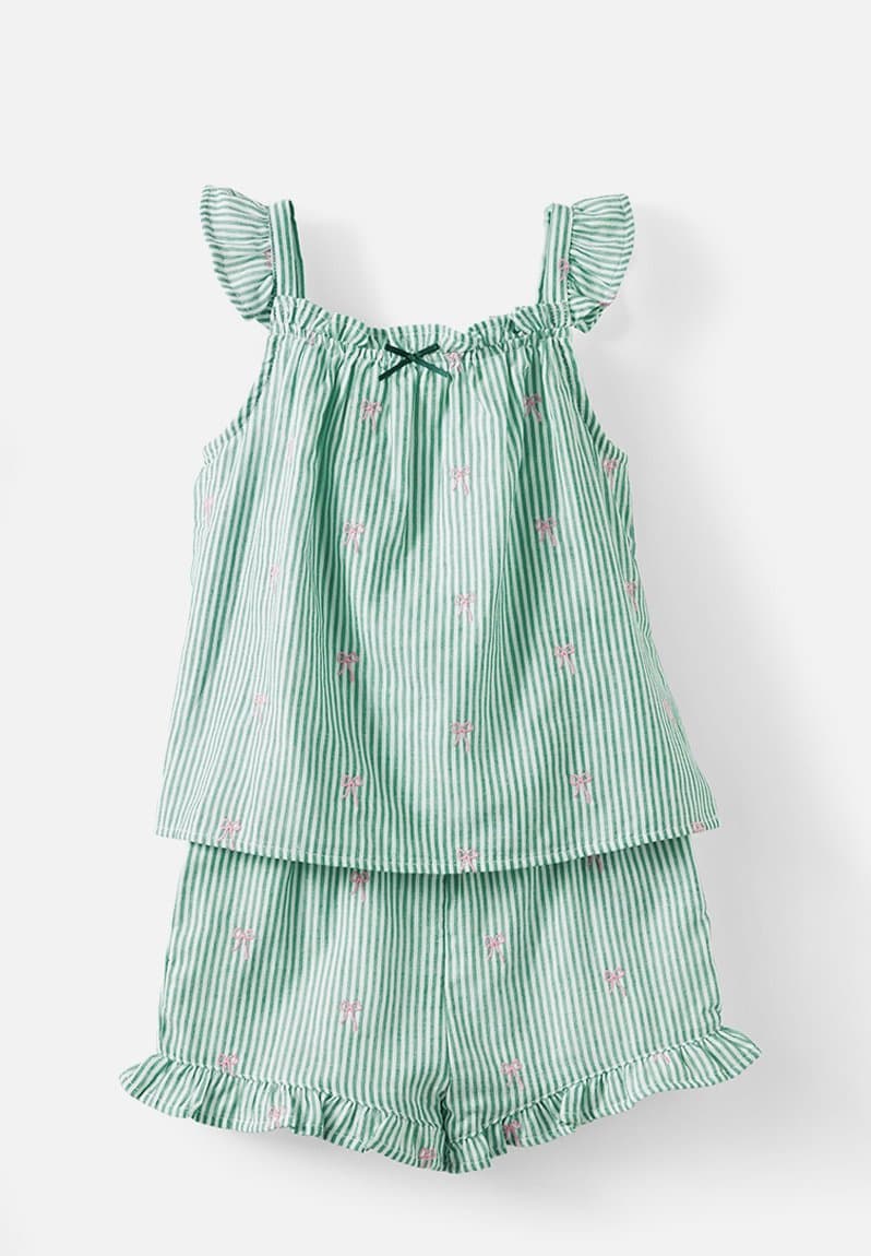 Kids babydoll pj set family christmas deep mint pinstripe/bow, view 2