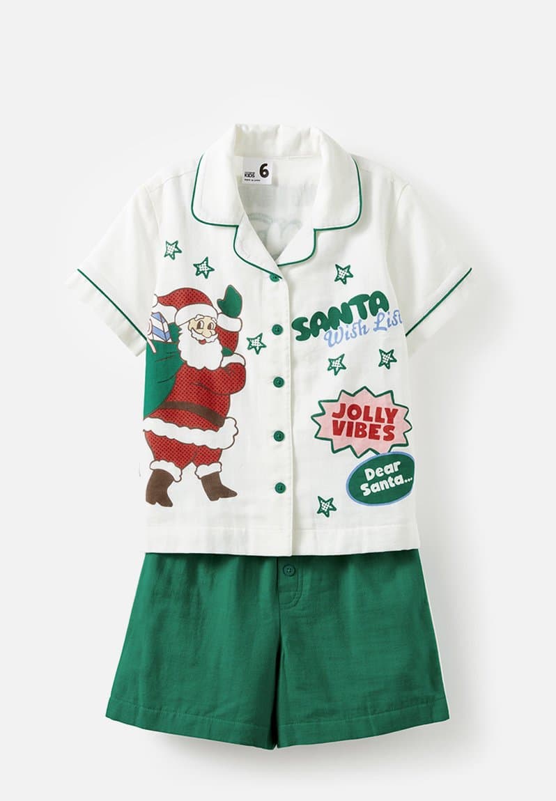 Kids woven pj set family christmas deep mint/santa wish list, view 2
