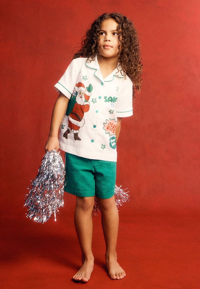 Kids woven pj set family christmas deep mint/santa wish list
