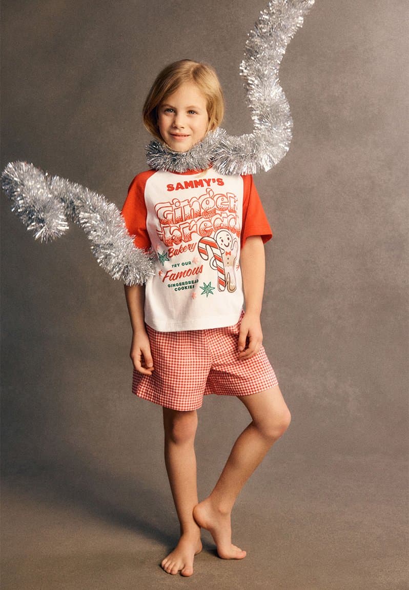 Kids boxer pj set family christmas varsity red gingham/gingerbread bakery