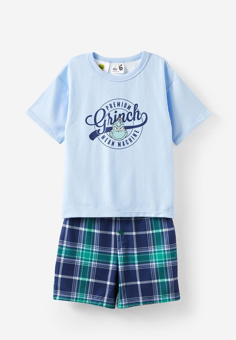 Damon short sleeve pyjama set license lcn drs in the navy check/grinch mean machine