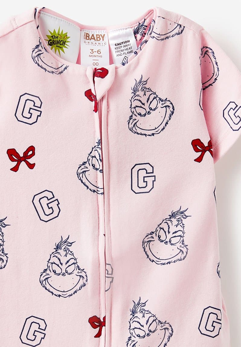 The short sleeve zip romper license lcn drs tea party pink/grinch bows, view 2
