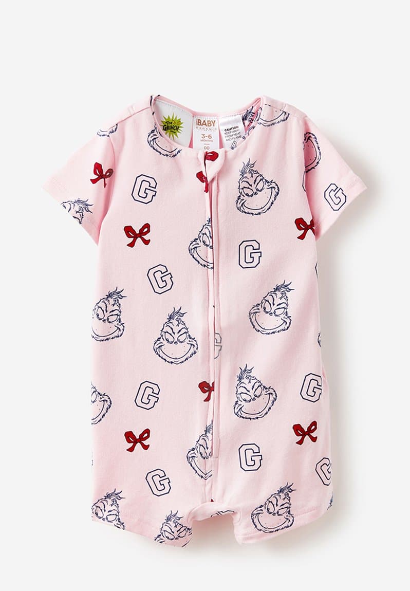 The short sleeve zip romper license lcn drs tea party pink/grinch bows