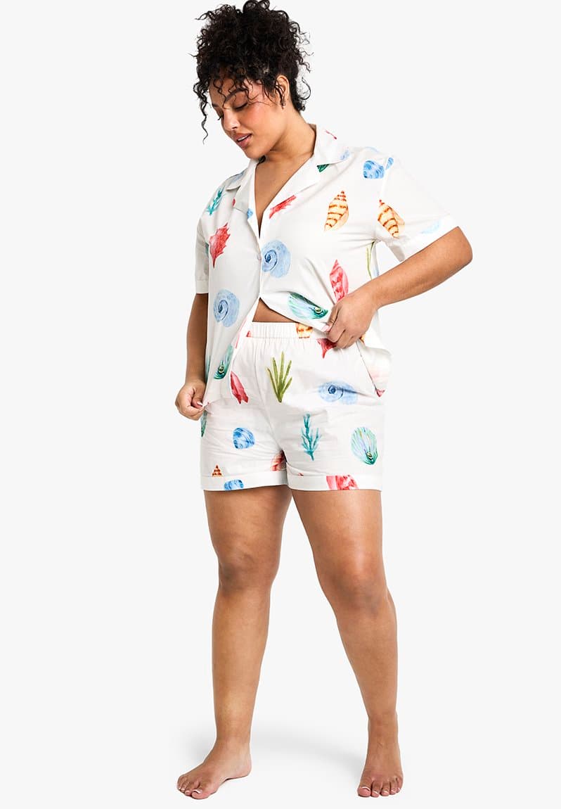 Plus shell printed poplin short sleeve pyjama shorts set, view 2
