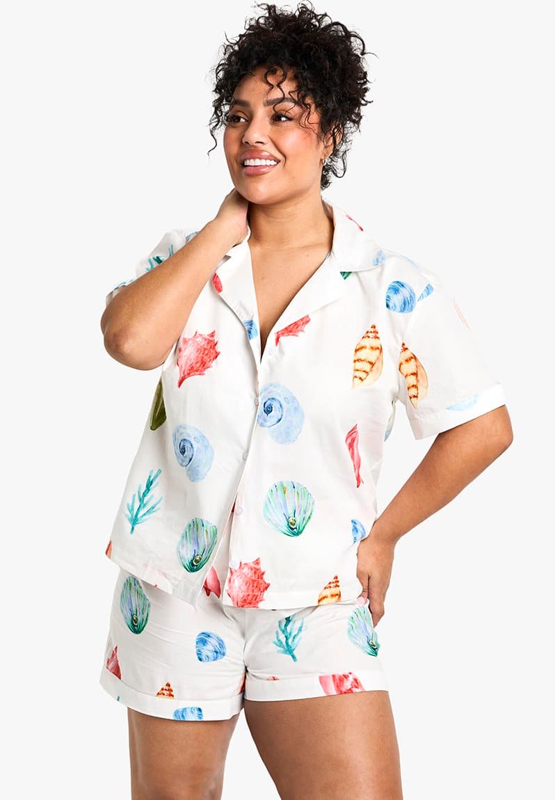 Plus shell printed poplin short sleeve pyjama shorts set