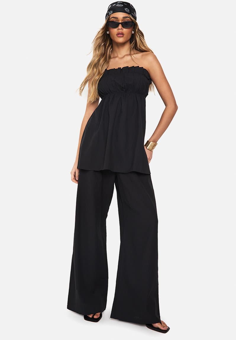 Linen look longline bandeau and wide leg trouser co-ord, view 2