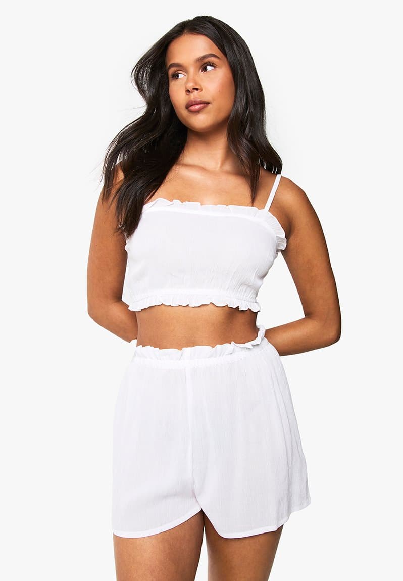 Bridal textured cheesecloth ruffle detail cami top & shorts, view 2