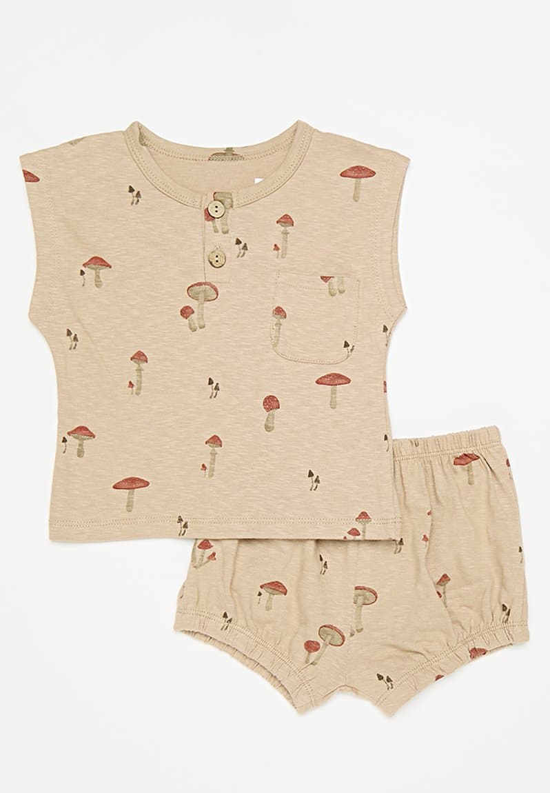 Shorts & tee set beige/mushrooms