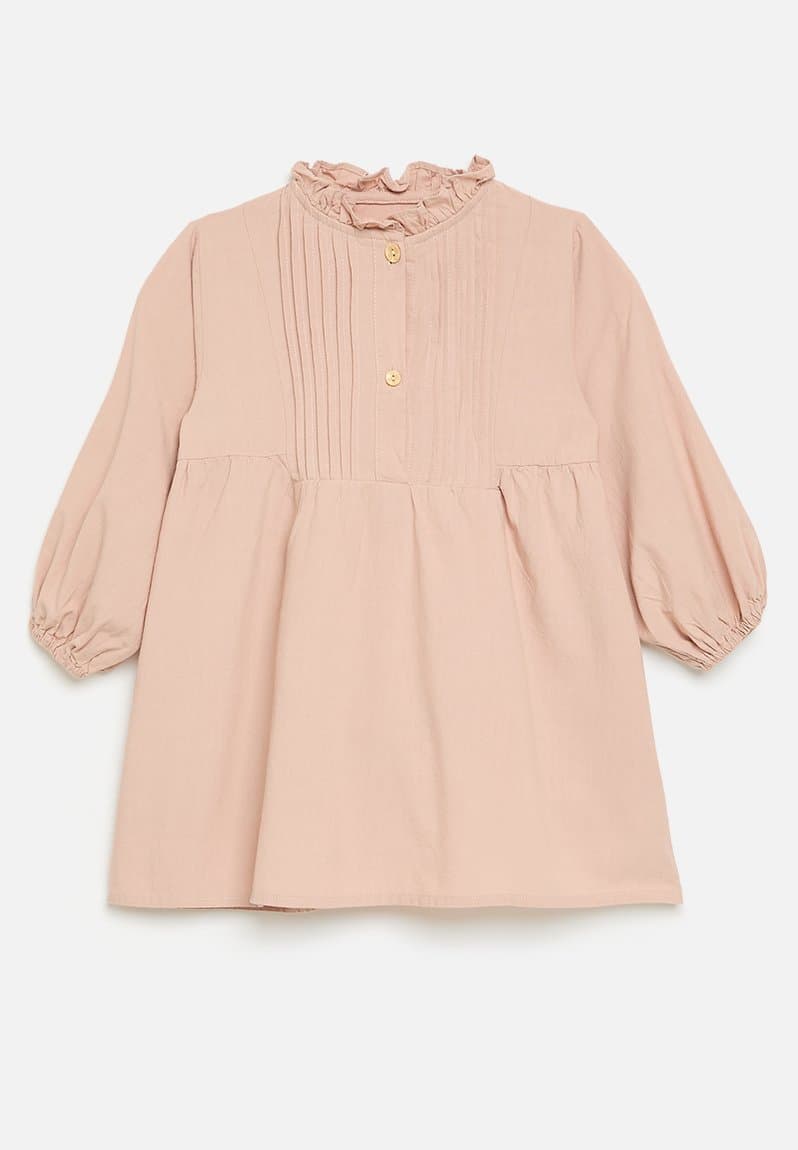 Pin tucked bib dress with ruffle collar