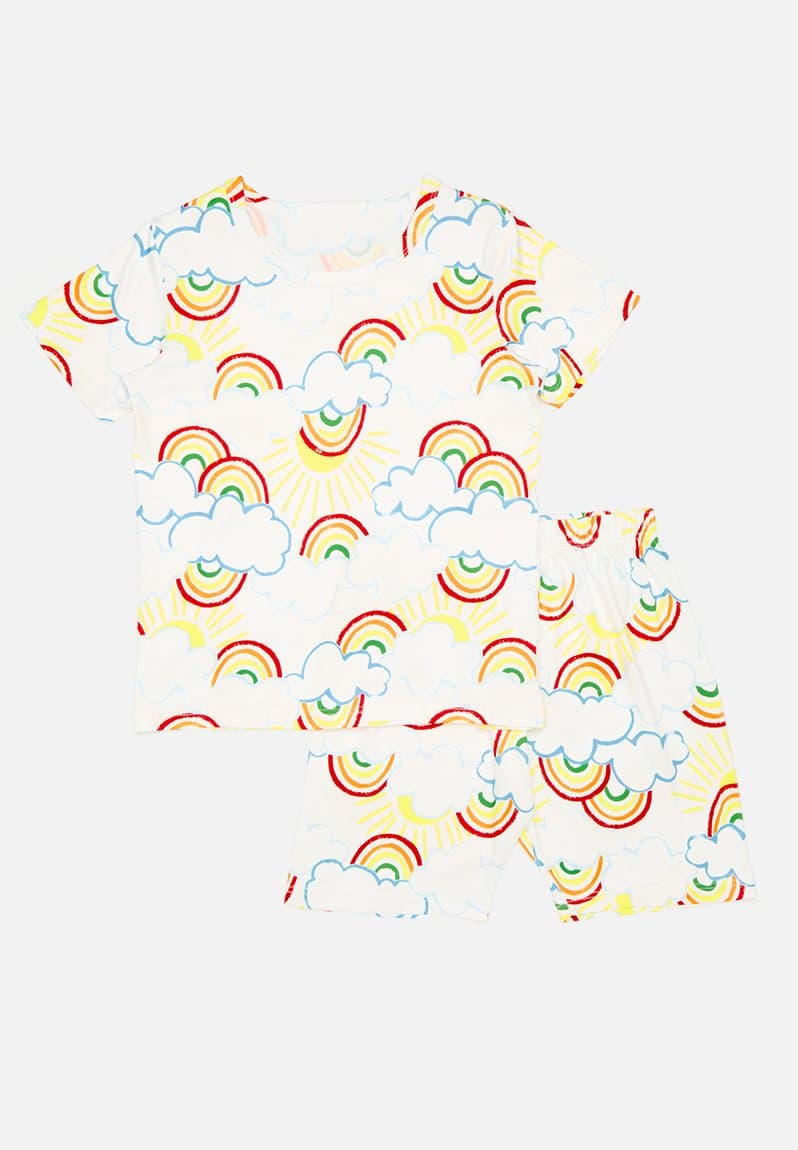 Sunshine and rainbows all-over print pj top & shorts