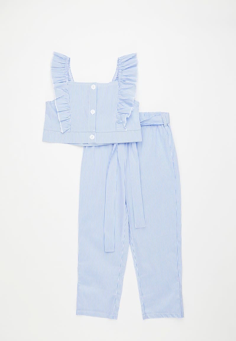 Front closure top & tie belt pants blue/white/candy stripes