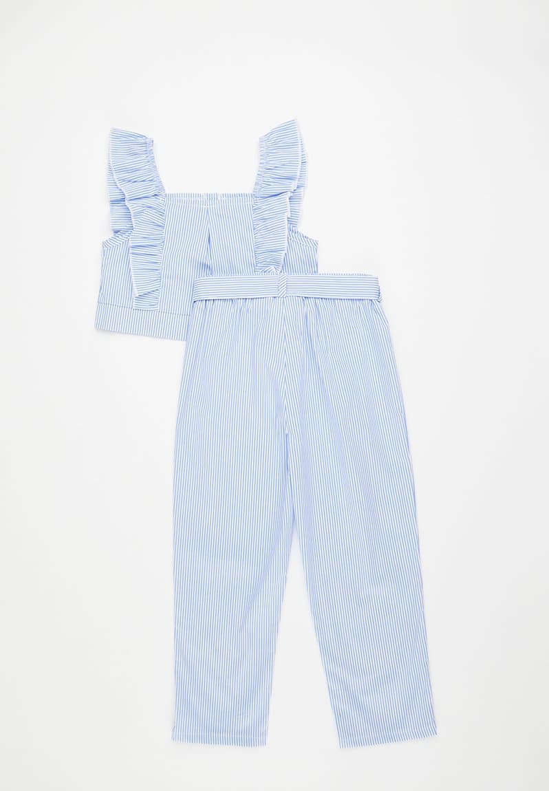 Front closure top & tie belt pants blue/white/candy stripes, view 2