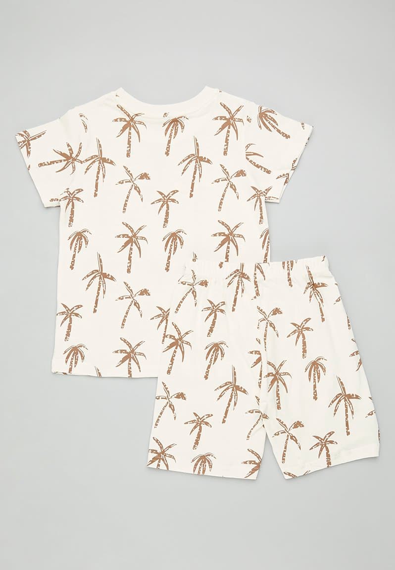 Palm tree all-over print tee & shorts ecru/brown, view 2