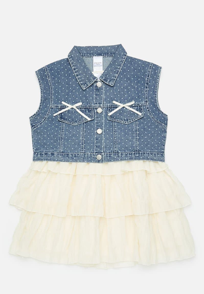 Polka dot denim vest dress, view 2