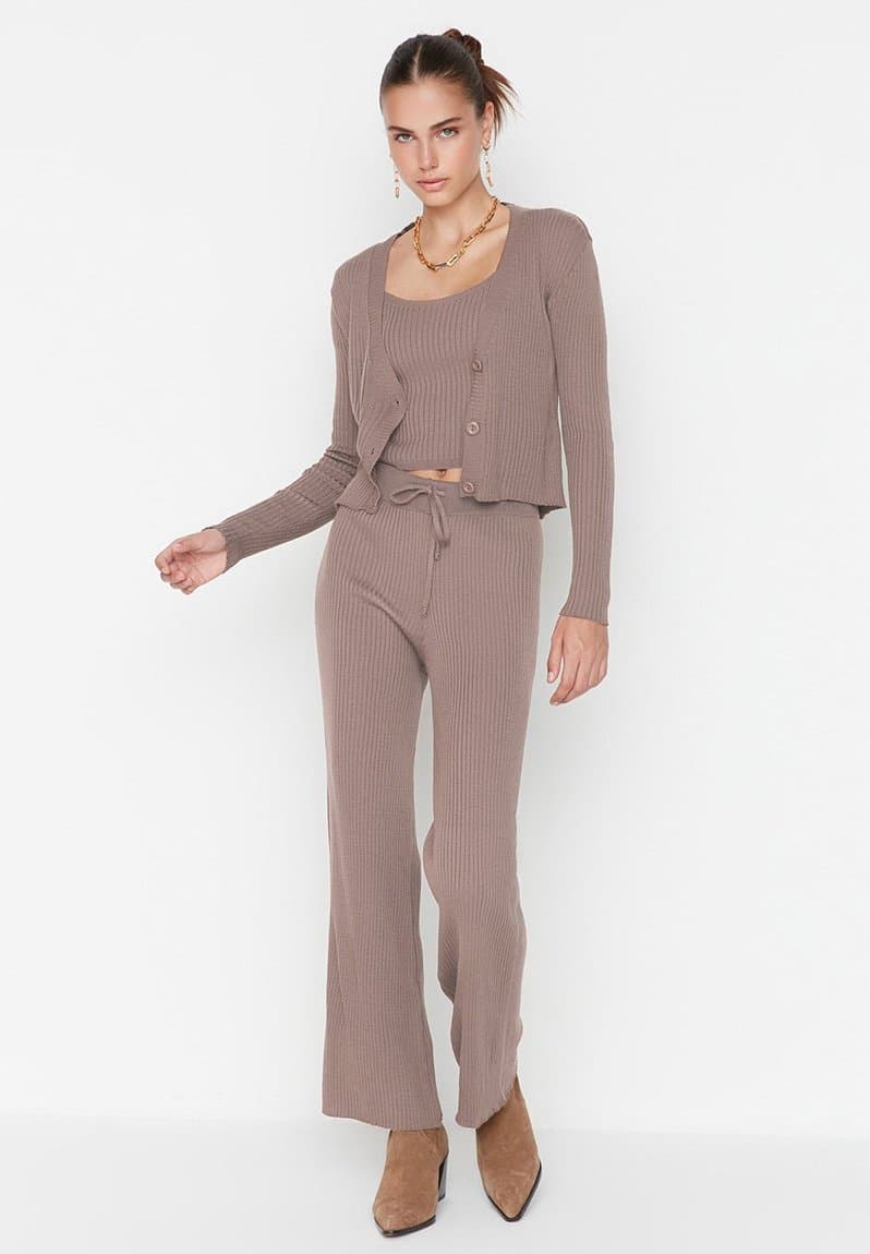 Fitillli Blouse Cardigan Pants Knitwear Bottom-Top Set Mink