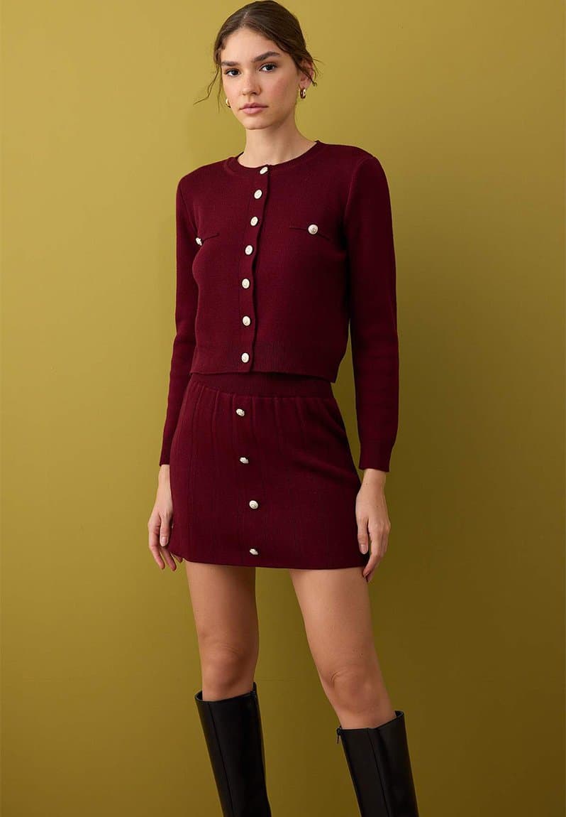Crop Soft Textured Cardigan-Skirt Knitwear Bottom Top Set Bordeaux