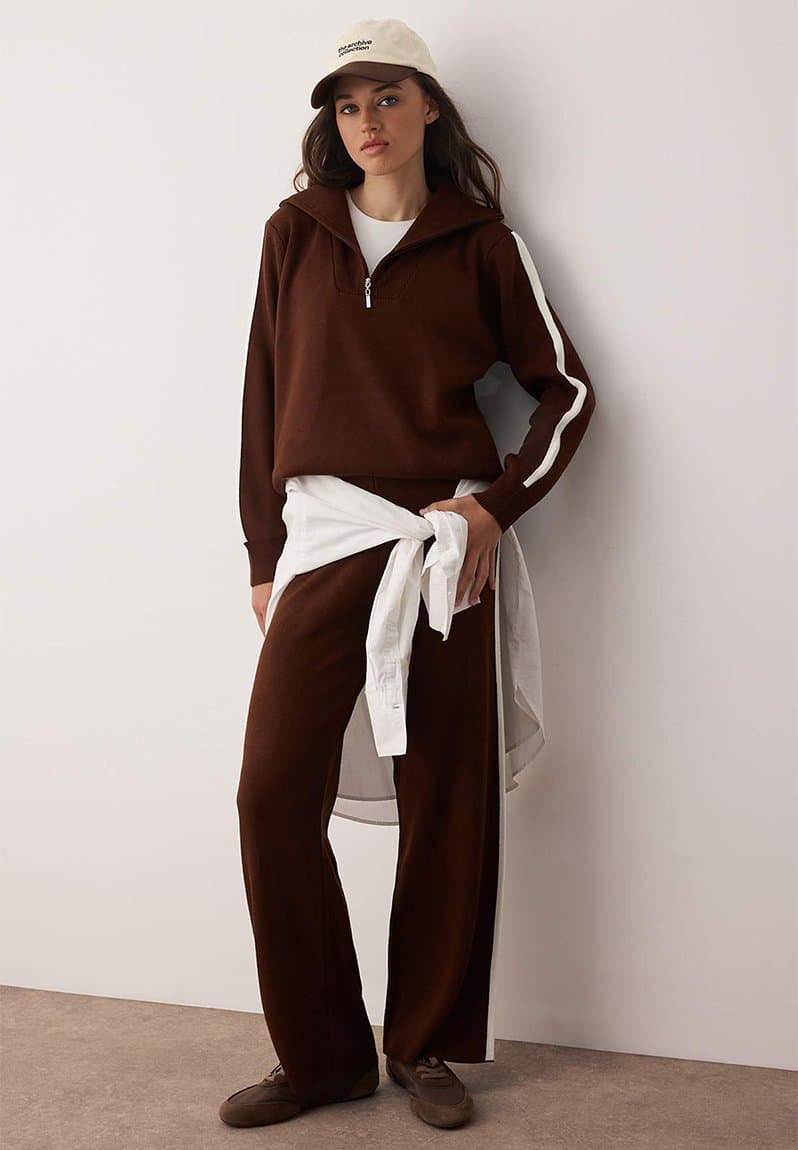 Zipper Stand Collar Sweater-Pants Knitwear Bottom Top Set