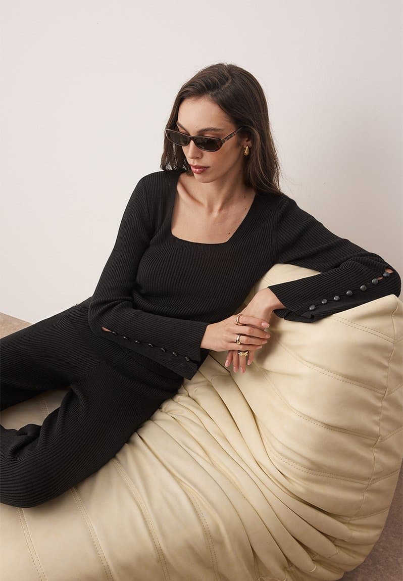 Square Collar Body Hugging Knitwear Bottom Top Set, view 2