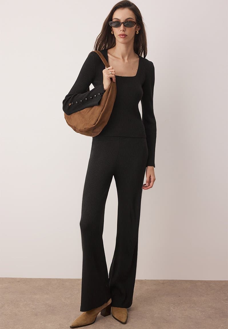Square Collar Body Hugging Knitwear Bottom Top Set