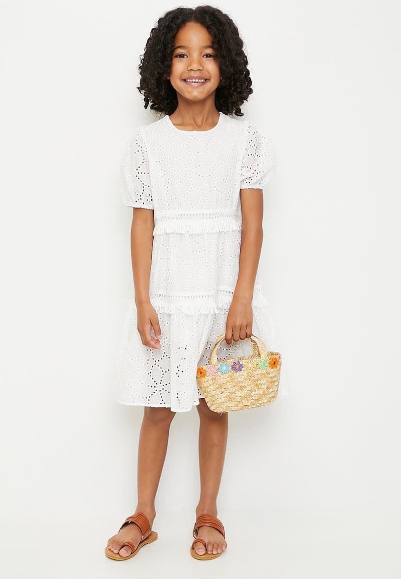 Broderie anglaise dress with fringed tiers