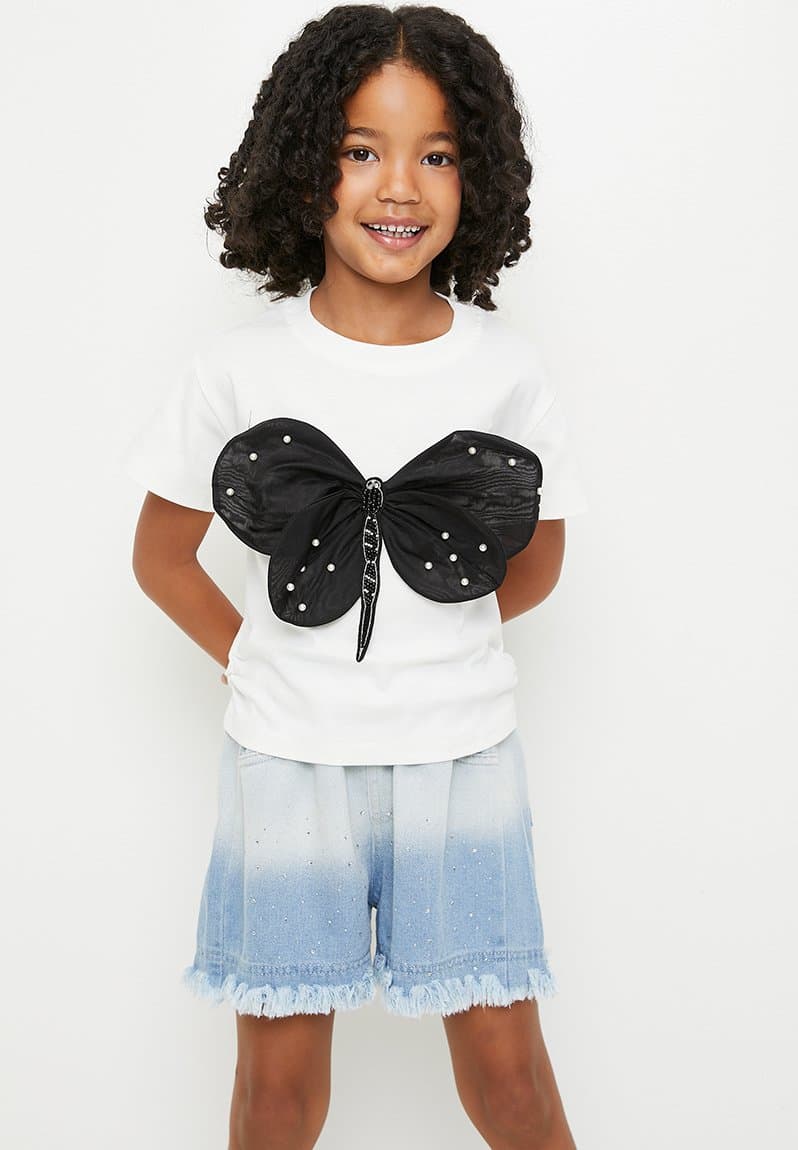 Beaded 3D butterfly wing top with frayed hem shorts