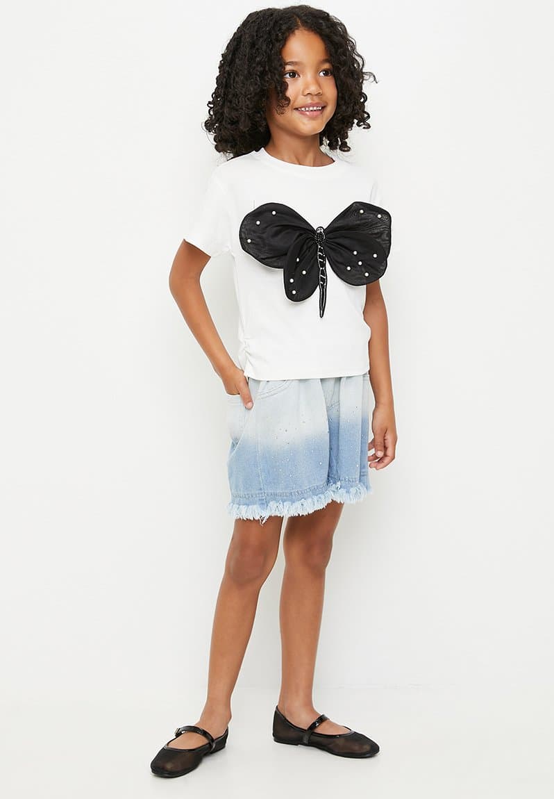 Beaded 3D butterfly wing top with frayed hem shorts, view 2