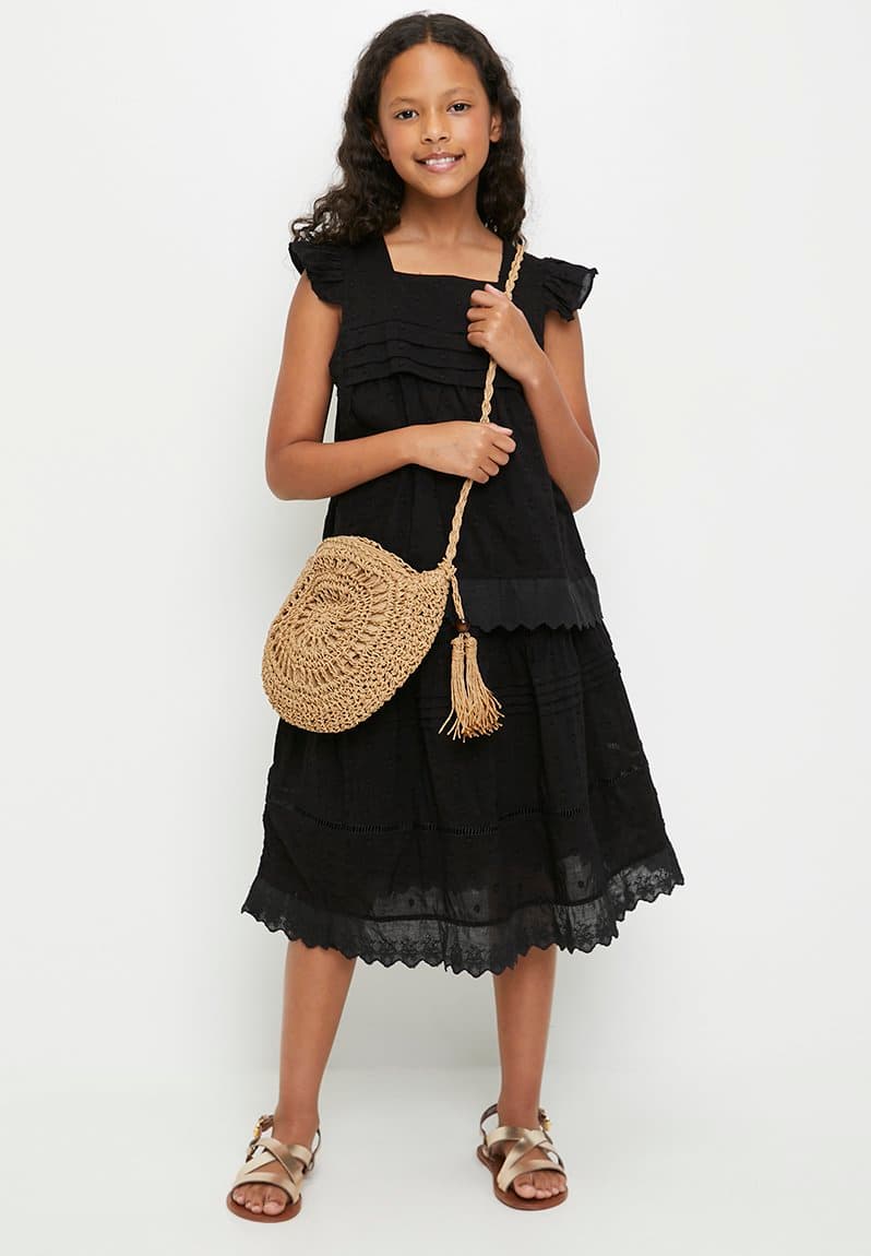 Textured blouse & skirt with pin tuck detail and anglaise hem