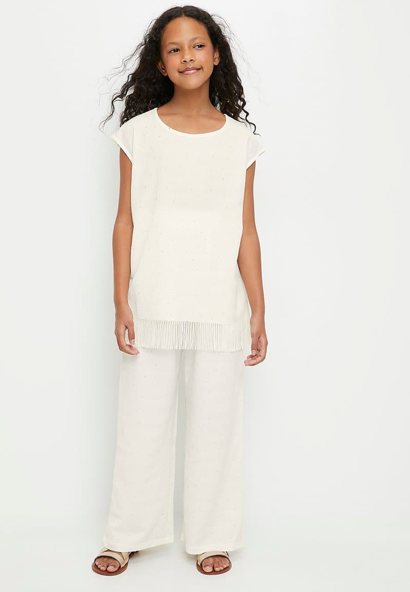Pre-shirred knit top with matching pants