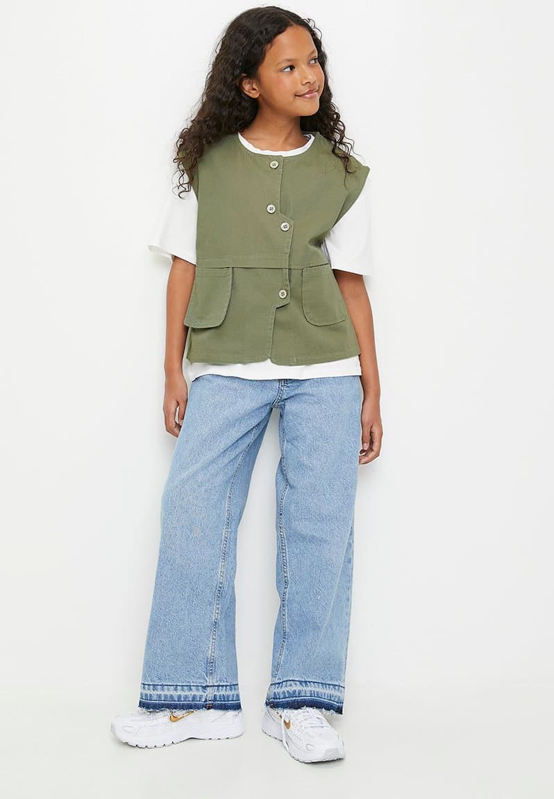Stylised button closure vest with square patch tee, view 2