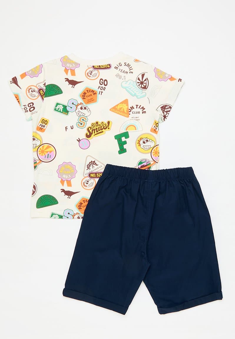 Sticker all-over-print tee with plain shorts, view 2