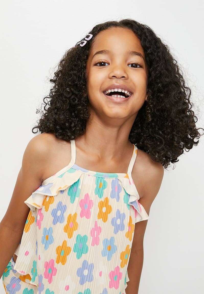 Floral printed plisse camisole with flared leggings, view 2