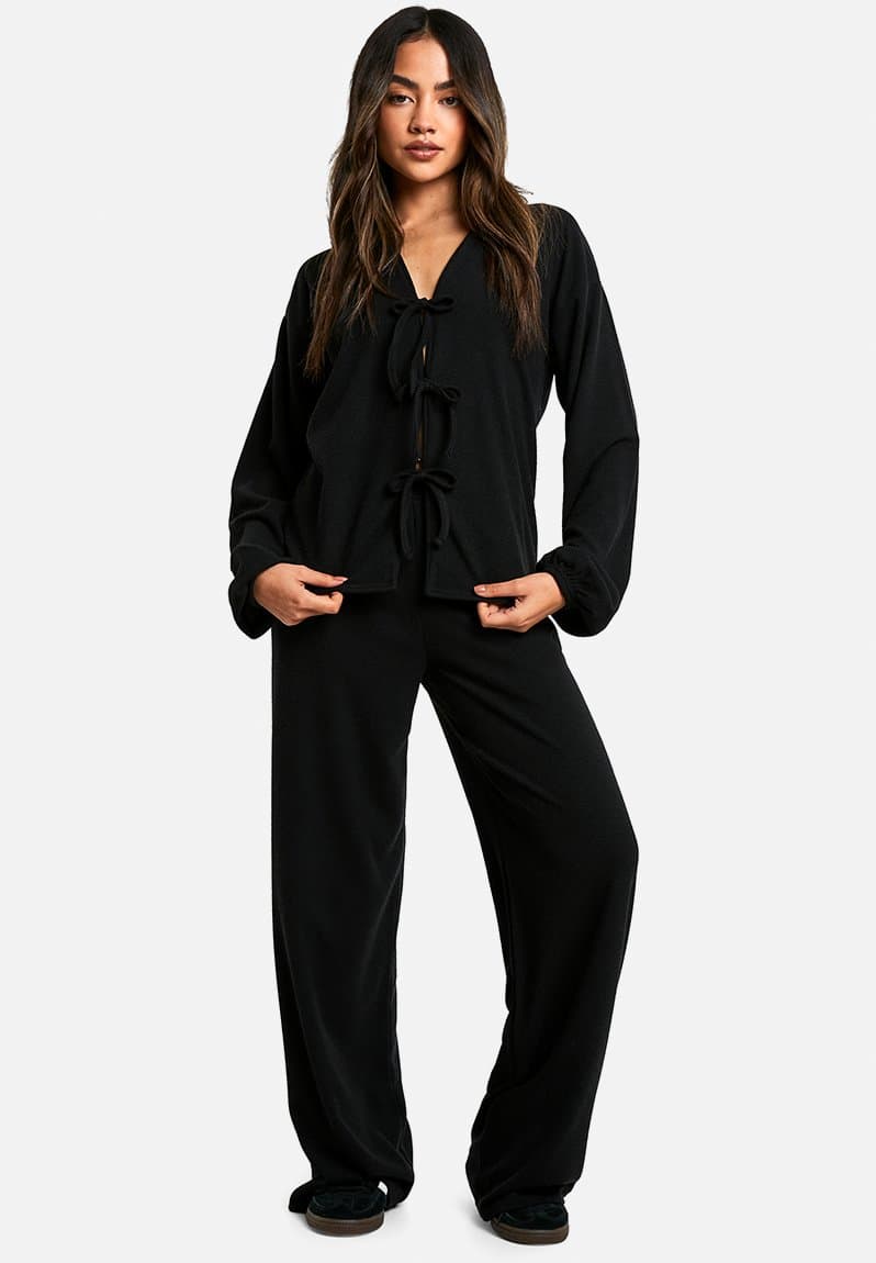 Rib tie front blouse and trouser co-ord