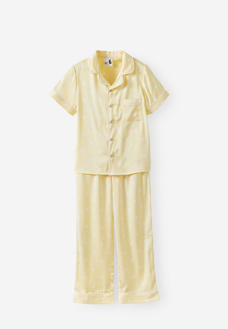 Lullaluxe short/long pj set baby yellow/vanilla polka dot