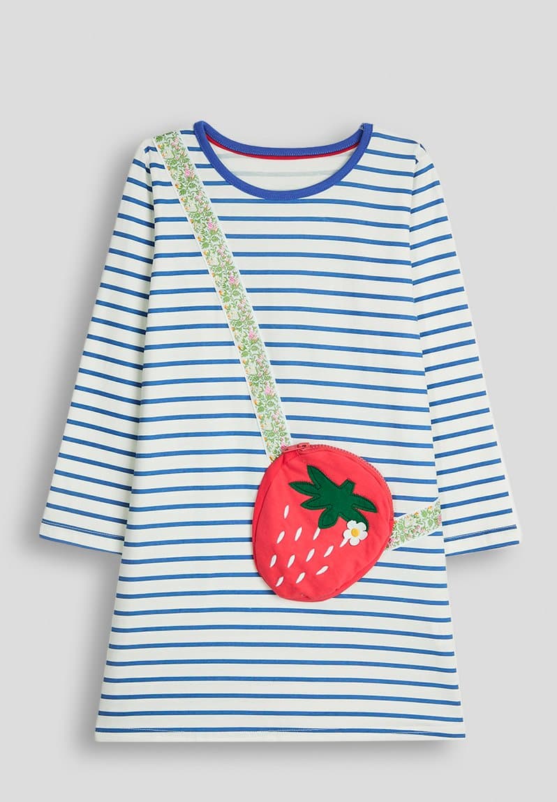 Tshirt dress with floral strap strawberry pocket blue stripes/multi