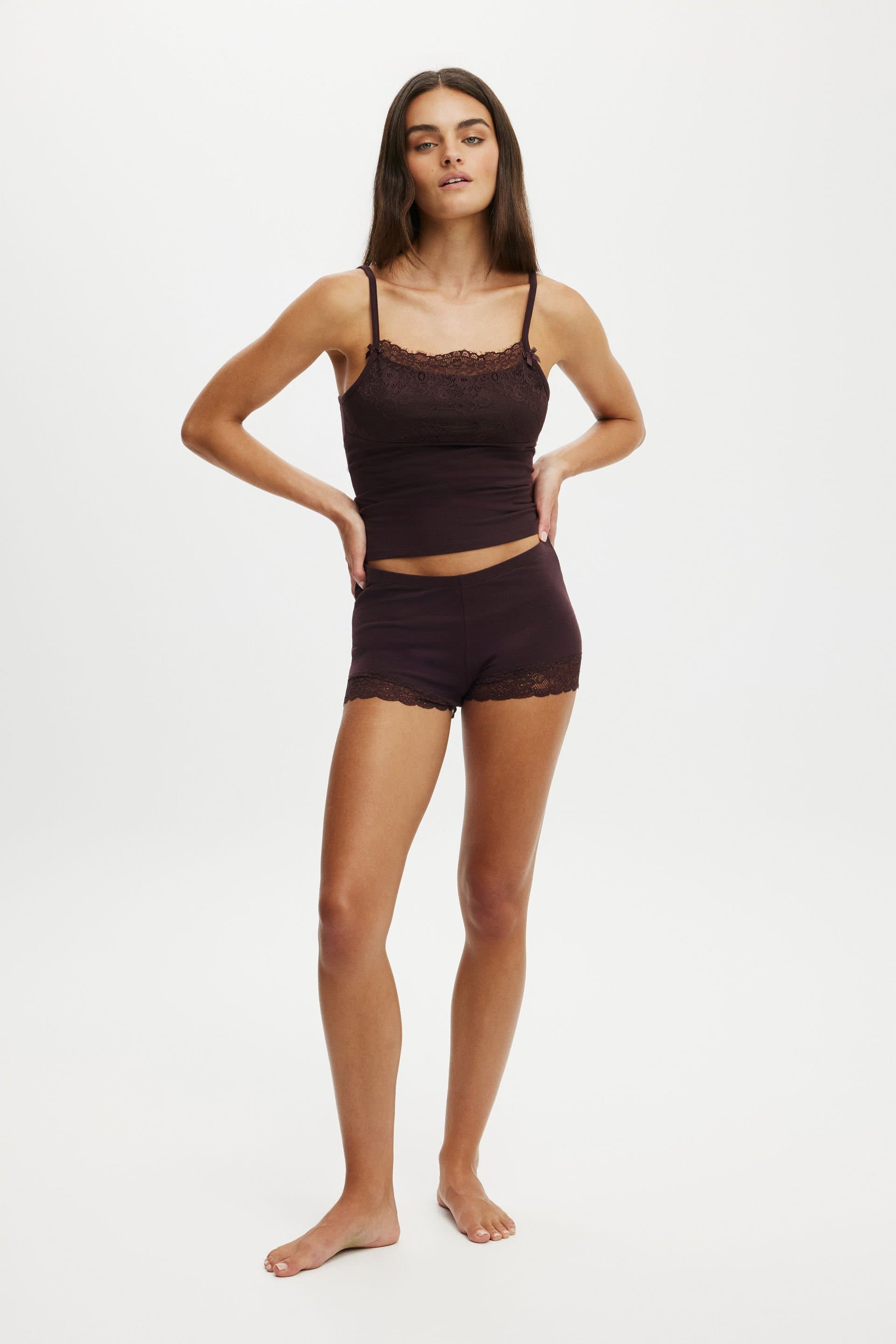 Dreamy soft lace overlay cami chocolate plum, view 2