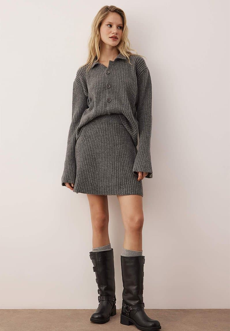 2-Piece Cardigan-Skirt Knitwear Bottom Top Set Anthracite