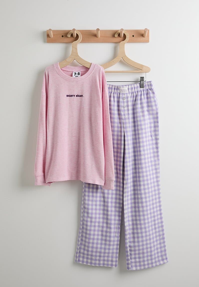 Cuddlecosy Long Sleeve And Sleepover Pyjama Pant Fairy Pink Marle/Vintage Lilac Check