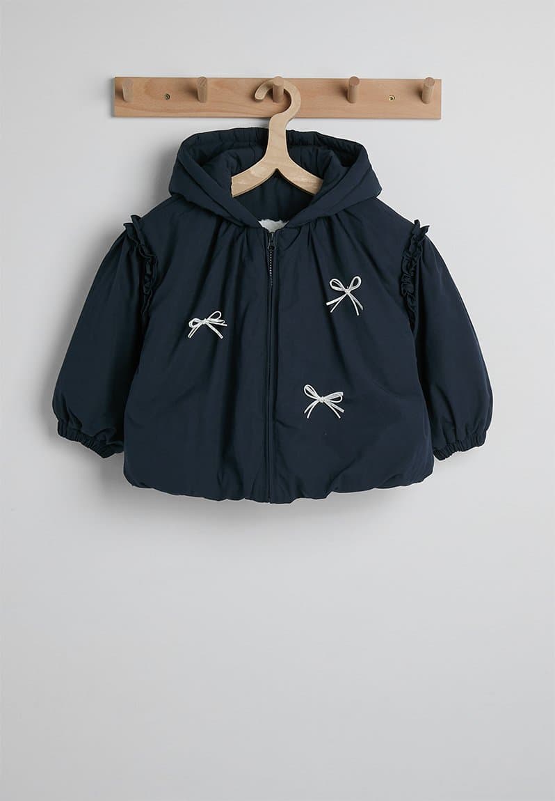 Bow applique puffer jacket with faux fur lining