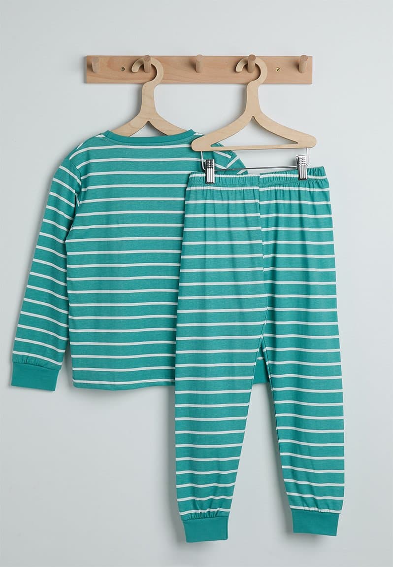 Pj set blue stripes/dino, view 2