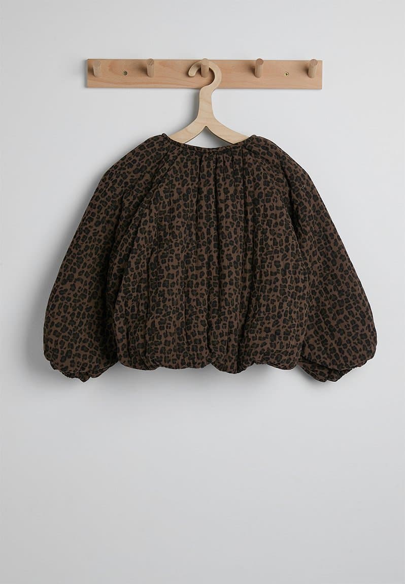 Collarless bubble jacket with faux fur lining choc/leopard print, view 2
