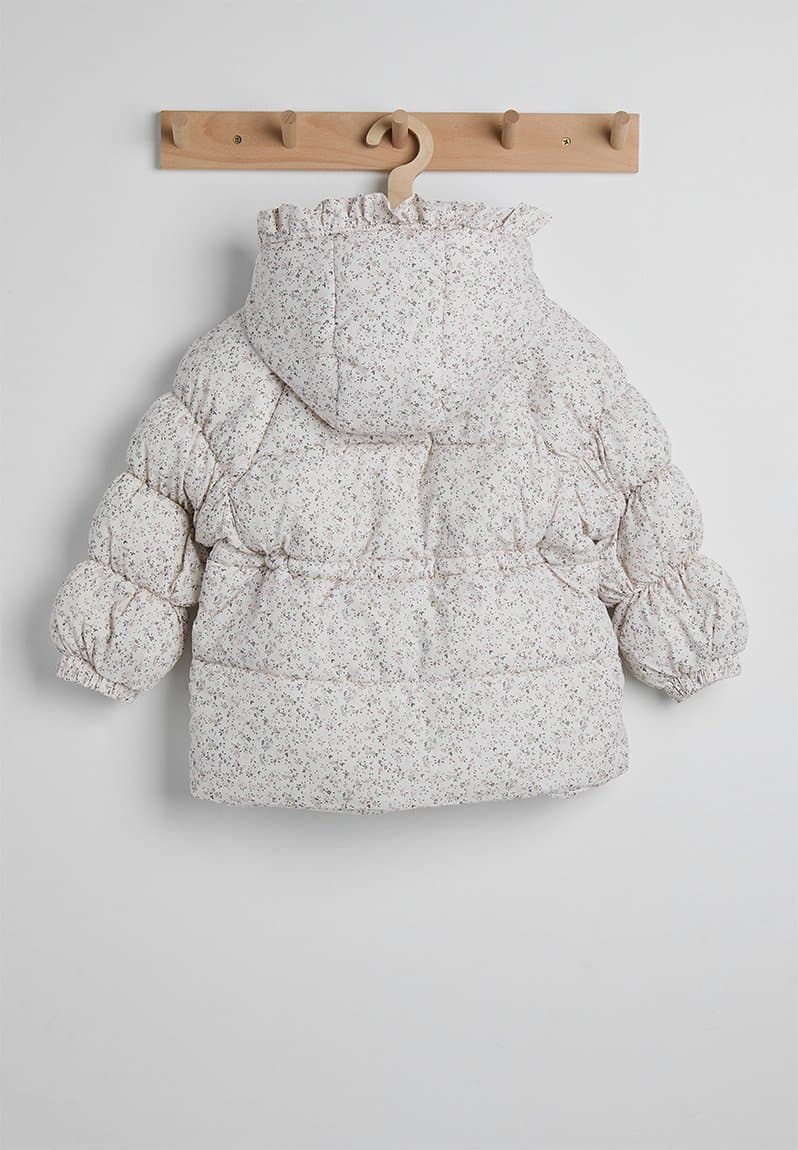 Ditsy floral hooded puffer jacket with faux fur lining off, view 2
