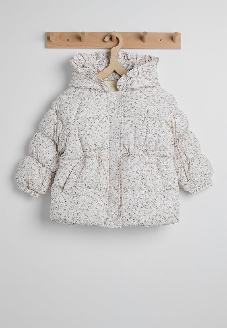 Ditsy floral hooded puffer jacket with faux fur lining off