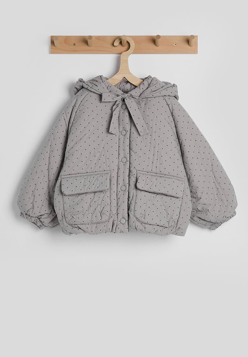 Micro dot neck tie puffer jacket grey/aop